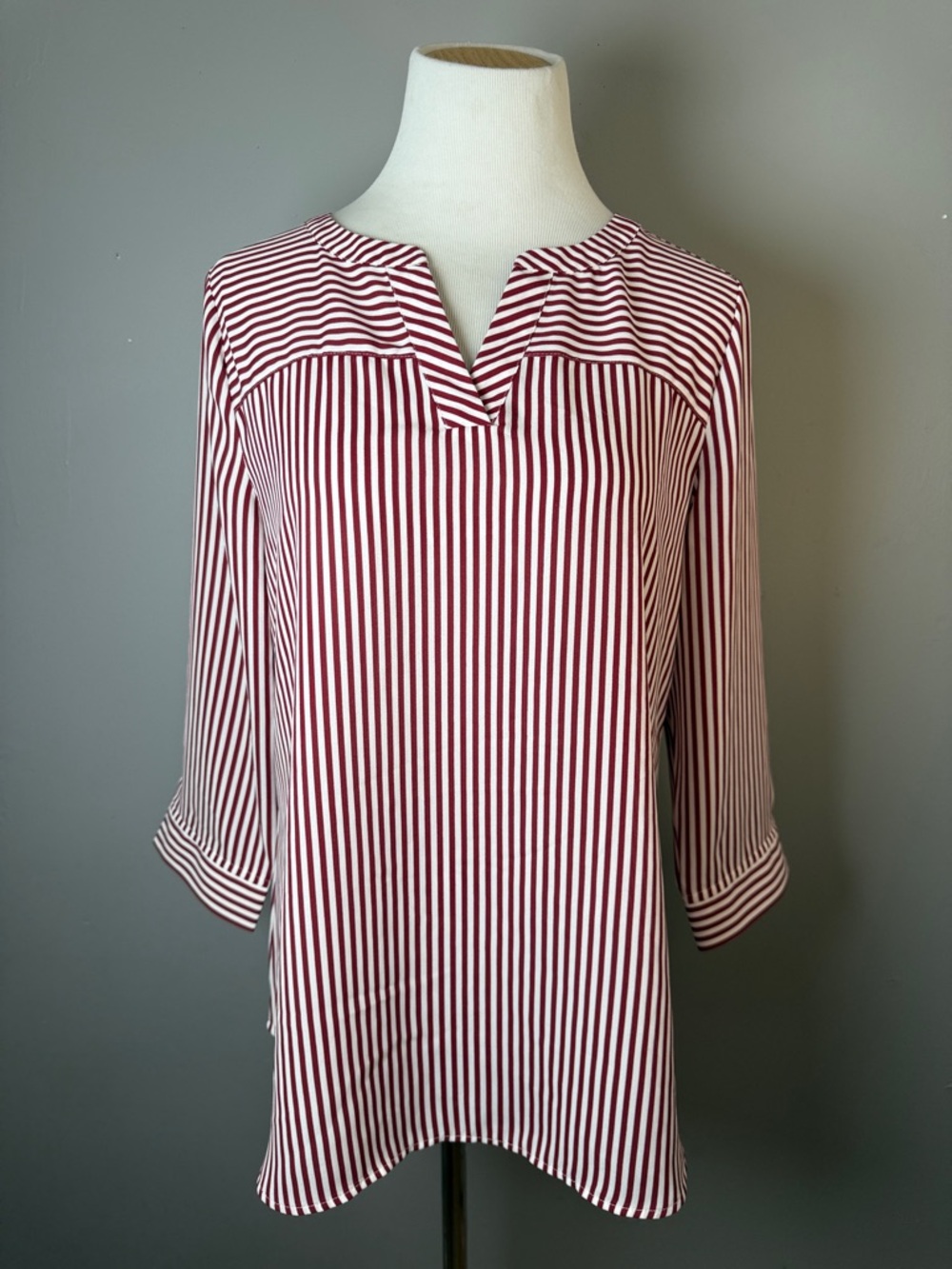 Striped V-Neck Long Sleeve Blouse in Burgundy and White